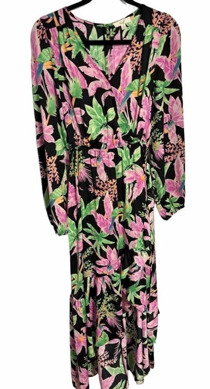 Easel Boho Beach Tropical Print Ruffle Maxi Dress with Surplice Neckline